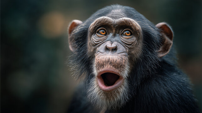 Close up portrait of a chimpanzee with mouth open, showing expressive emotion and natural behavior, wildlife primate captured in a detailed and dramatic moment.
