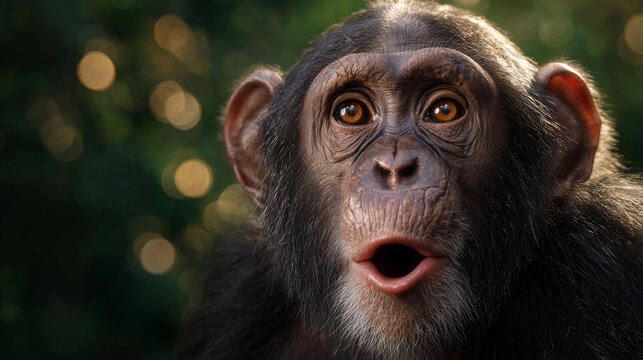 Close up portrait of a chimpanzee with mouth open, showing expressive emotion and natural behavior, wildlife primate captured in a detailed and dramatic moment.