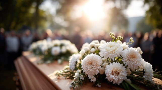 A solemn funeral procession with a flower-adorned coffin under the warm sunlight