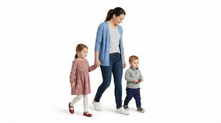 Obraz premium Happy Mother Walking with Her Two Young Children, a Girl and a Boy, Holding Hands on White Background