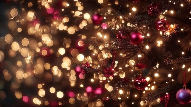 Blurred Christmas tree background with red ornaments and warm bokeh lights