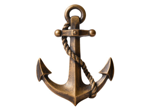 Isolated antique brass-colored decorative anchor with rope, nautical symbol, maritime history