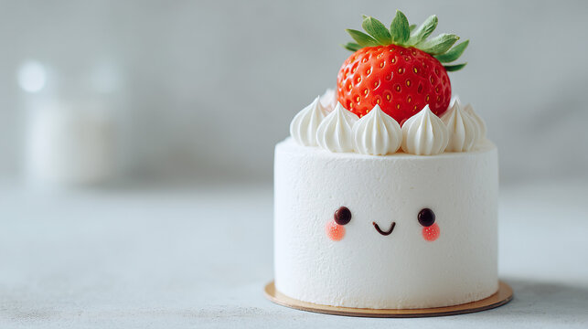Cute strawberry cake with smiling face design on pastel background, playful dessert concept, sweet bakery product with adorable and cheerful style.