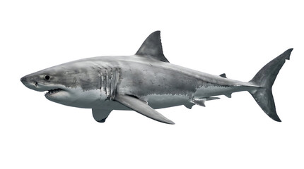 Fototapeta premium Majestic great white shark swimming gracefully in clear blue ocean waters apex predator of the sea illustrating marine life and oceanography