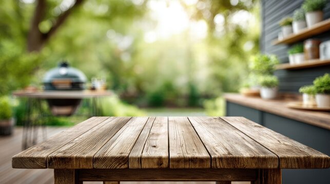 Rustic wooden table with blurred outdoor background