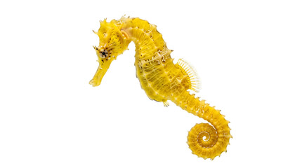 Vibrant yellow seahorse gracefully swims in clear blue ocean water showcasing its intricate body details and delicate fins symbolizing marine life and underwater wonder © zupra