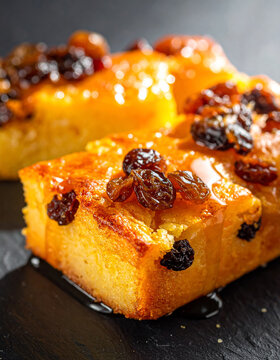Capirotada bread pudding macro on volcanic stone