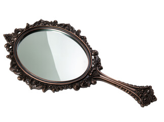 Isolated ornate vintage handheld vanity mirror with decorative bronze frame and intricate details © Andrei