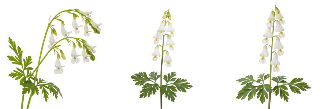 Dutchman's breeches wildflower isolated on white background Dicentra cucullaria dutchmans breeches white pantaloon shaped flowers macro botanical specimen woodland plant studio cutout high resolution