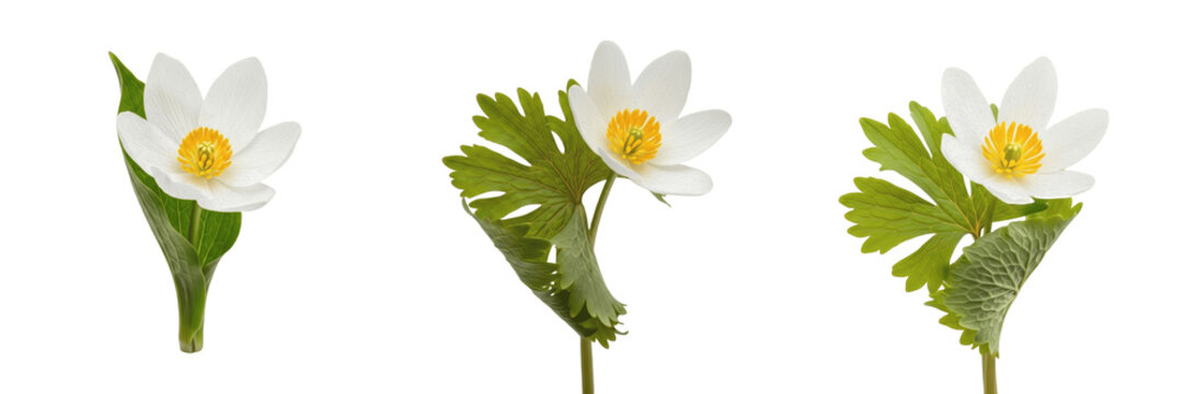 Bloodroot wildflower isolated on white background Sanguinaria canadensis bloodroot white petals yellow center spring ephemeral macro botanical specimen woodland plant studio cutout high resolution