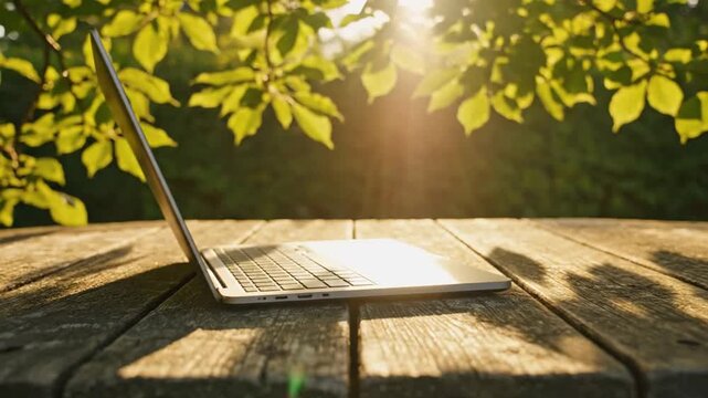 Laptop on a rustic wooden table in the dappled sunlight, surrounded by lush green foliage