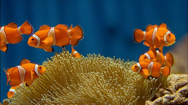 A vibrant group of orange clownfish playfully swim amongst a lush anemone in a clear blue tropical reef environment showcasing marine biodiversity and underwater beauty