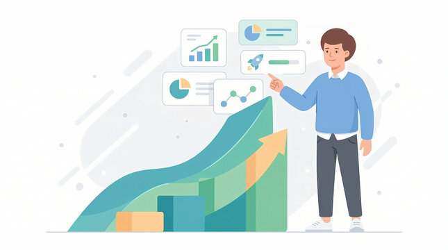 Businessman presenting growth charts with data analytics, rocket icons and strategy illustration