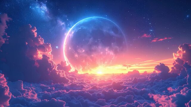 An ethereal nightscape with a glowing planet, fluffy clouds, and starlight