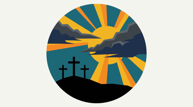 Stylized sun rays breaking through dark clouds over a silhouette of three crosses