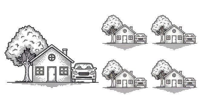 house with car and tree in different angles
