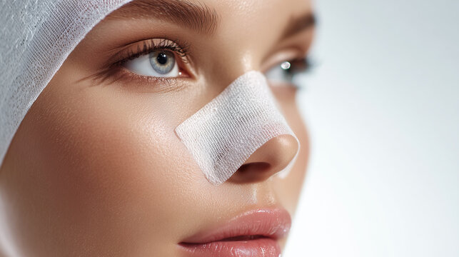 Close-up of a woman with nasal bandage after cosmetic surgery, highlighting beauty treatment, recovery, skincare, and medical aesthetics concept.