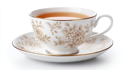 Fototapeta premium Elegant porcelain teacup with floral pattern and golden rim filled with amber tea
