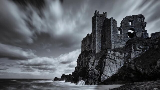 Showing ruined stone castle standing firm on rocky cliff while wind driving cloud streaks and waves