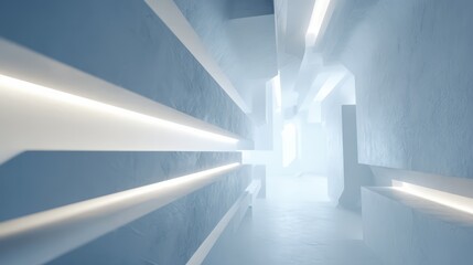 Obraz premium Long, narrow room with white walls and white lines. The room is empty and has a cold, sterile feel to it