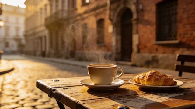 Sunlight rising, steaming coffee cup sending rising steam on cafe table, croissant and cobblestone