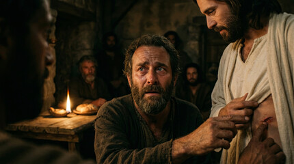 Obraz premium Doubting thomas touching jesus wound finding faith