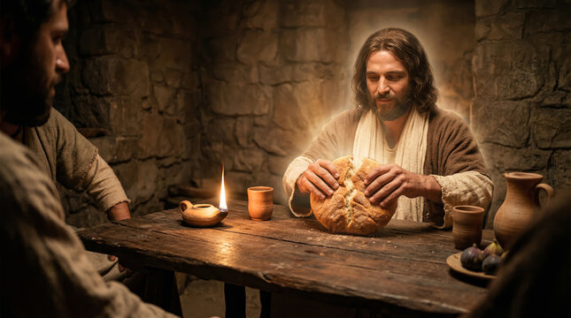 Jesus christ breaking bread during last supper eucharist