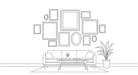 Fototapeta premium Living Room Interior with Sofa and Gallery Wall Line Art.