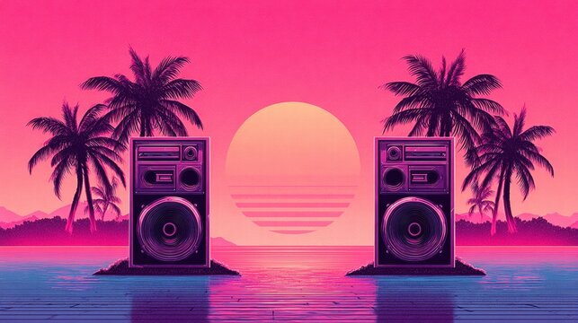 Retro sunset scene with speakers, palm trees, and a vibrant pink sky.