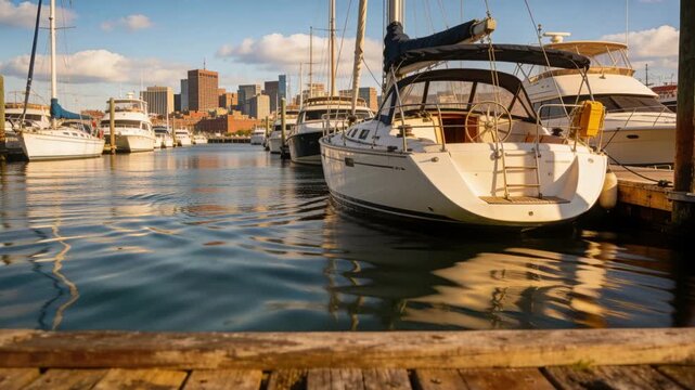 Rippling water nudging white sailboat bobbing at pier, with planks, stern ladder, yellow fender
