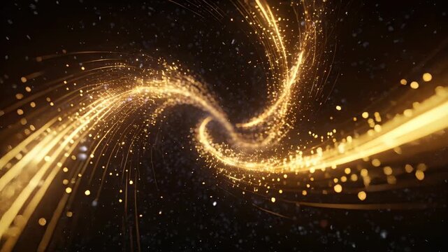 Appearing parallel golden ribbons sweeping inward in deep-space void, forming bright central core