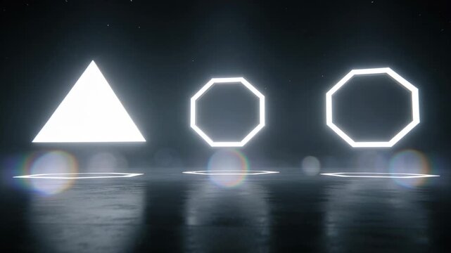 Starting trio of luminous triangle and octagon rings shifting across reflective floor, looping