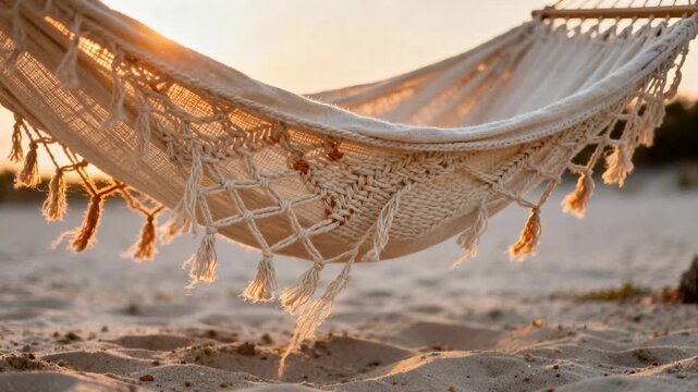 Swaying cream macrame hammock hanging above sandy beach, gentle breeze lifting tassels, sand puffs