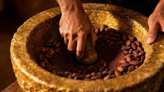 Pressing pestle, artisan in short sleeves grinding cocoa beans at bench with stone mortar for cocoa