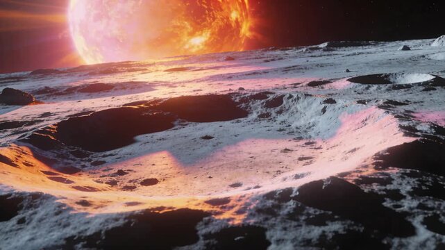 Gliding camera starting over cratered regolith on lunar-like landscape, showing glowing star light