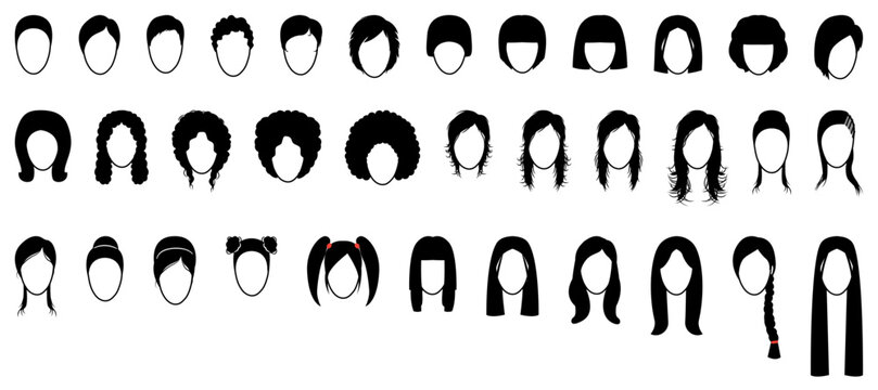 Black and white front view hair silhouette set showing different hairstyles as clean solid shapes, minimal vector collection isolated on dark background, perfect icons UI apps, branding visual systems