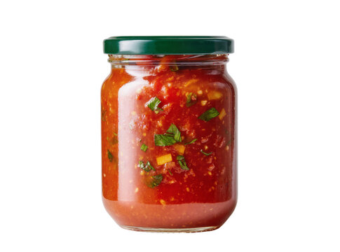 Isolated jar of vibrant red tomato sauce or salsa with chopped vegetables and fresh green herbs