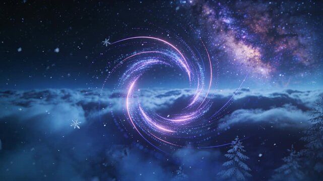 Particles initiating spiral, rotating clockwise and lighting clouds, highlighting Milky Way for VFX