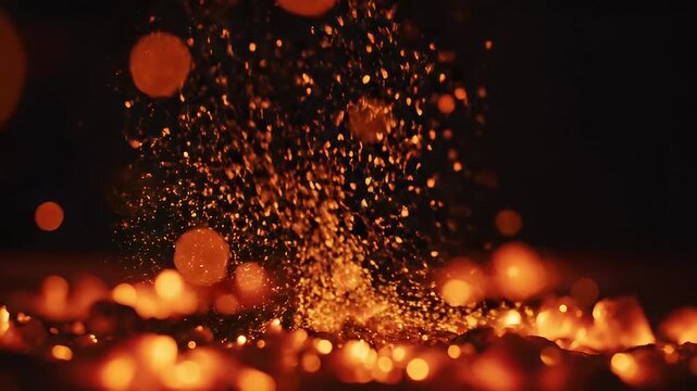 Glowing embers and sparks against dark black background
