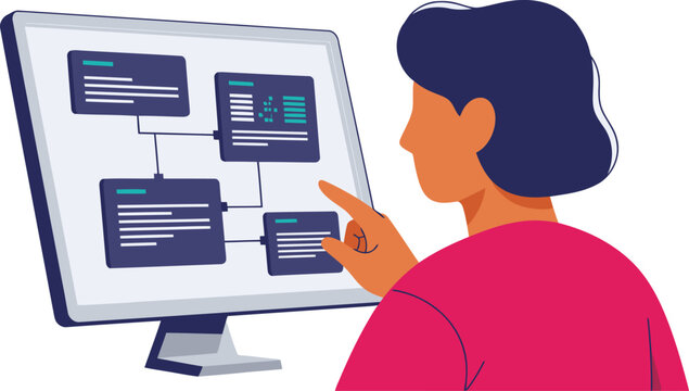 A woman examines blockchain loan data on a screen, highlighting secure verification. Modern digital illustration, clean design, professional focus.