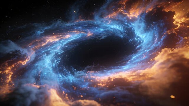 Vortex brightening, streaming blue gas into void while orange plumes drifting outward showing flow