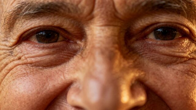 Senior man gazing, blinking, breathing, initiating animated health overlay mapping eye nose motion