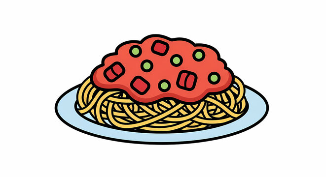 A plate of spaghetti with tomato sauce and vegetables on top is served.