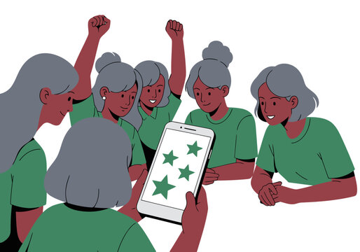 Senior women celebrate microcredit approval success, viewing a smartphone displaying a celebratory graphic. Diverse group, joyful expressions, modern style.