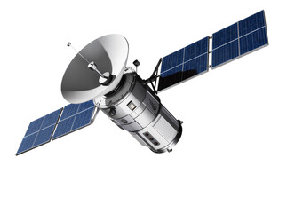 Isolated modern communication satellite with solar panels and parabolic antenna for space exploration. © Cian