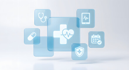 Fototapeta premium medical healthcare icons set on glass cubes for digital health insurance app interface and online wellness consultation services with blue futuristic aesthetic