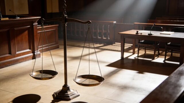 Shifting sunlight casting long shadows across court floor, showing balance scale, marking time