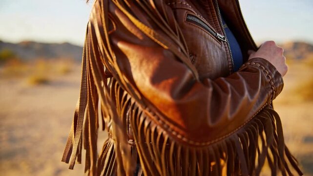Woman modeling fringe-jacket spinning plain at golden hour, reaching chest and zipping for fashion
