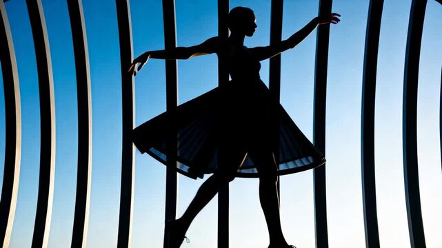 Female dance artist taking first step and spinning on ledge, skirt fanning by vertical bars