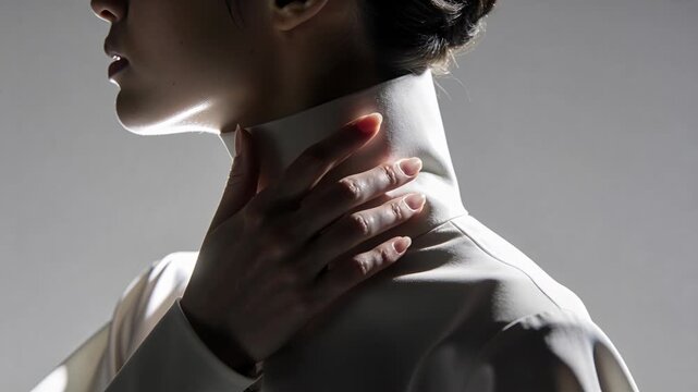 Sliding woman's hand from lower left touching stiff collar at studio, highlighting rim-lit jawline